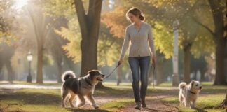 Hyperrealistic photograph of a calm, responsible adult with their well-behaved medium-sized dog walking on leash in a sunlit park. The dog is attentive, making eye contact, showcasing their strong bond and the owner's competence. Natural daylight, shallow depth of field. Absolutely no text, letters, or writing visible anywhere. No artifacts.