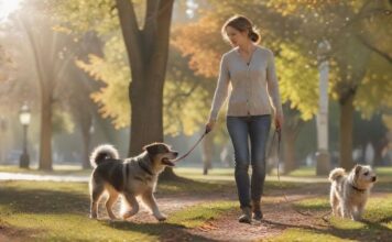 Hyperrealistic photograph of a calm, responsible adult with their well-behaved medium-sized dog walking on leash in a sunlit park. The dog is attentive, making eye contact, showcasing their strong bond and the owner's competence. Natural daylight, shallow depth of field. Absolutely no text, letters, or writing visible anywhere. No artifacts.