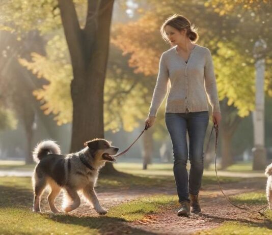 Hyperrealistic photograph of a calm, responsible adult with their well-behaved medium-sized dog walking on leash in a sunlit park. The dog is attentive, making eye contact, showcasing their strong bond and the owner's competence. Natural daylight, shallow depth of field. Absolutely no text, letters, or writing visible anywhere. No artifacts.