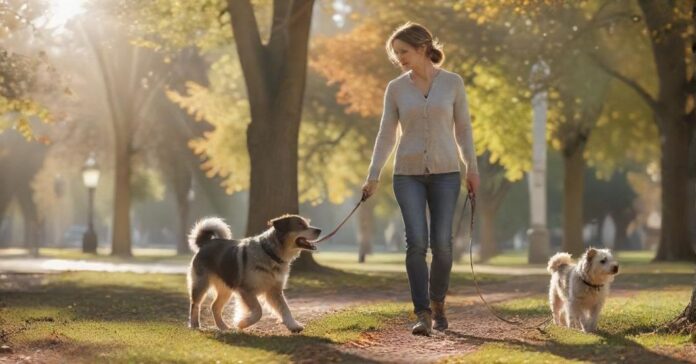 Hyperrealistic photograph of a calm, responsible adult with their well-behaved medium-sized dog walking on leash in a sunlit park. The dog is attentive, making eye contact, showcasing their strong bond and the owner's competence. Natural daylight, shallow depth of field. Absolutely no text, letters, or writing visible anywhere. No artifacts.