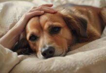 hyperrealistic, photorealistic image of a person's hand gently caressing the head of an old, peaceful dog lying on a soft blanket. Warm, soft natural light creates a tender, serene atmosphere. Focus on deep empathy, comfort, and the strong bond. No text, no letters, no visible medical instruments, no distortions