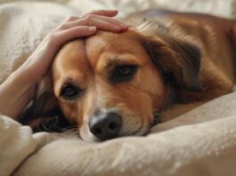 hyperrealistic, photorealistic image of a person's hand gently caressing the head of an old, peaceful dog lying on a soft blanket. Warm, soft natural light creates a tender, serene atmosphere. Focus on deep empathy, comfort, and the strong bond. No text, no letters, no visible medical instruments, no distortions