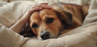 hyperrealistic, photorealistic image of a person's hand gently caressing the head of an old, peaceful dog lying on a soft blanket. Warm, soft natural light creates a tender, serene atmosphere. Focus on deep empathy, comfort, and the strong bond. No text, no letters, no visible medical instruments, no distortions