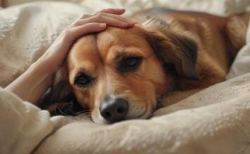 Der letzte Abschied: Wie die Einschläferung eines Hundes abläuft! hyperrealistic, photorealistic image of a person's hand gently caressing the head of an old, peaceful dog lying on a soft blanket. Warm, soft natural light creates a tender, serene atmosphere. Focus on deep empathy, comfort, and the strong bond. No text, no letters, no visible medical instruments, no distortions