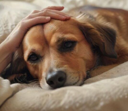 hyperrealistic, photorealistic image of a person's hand gently caressing the head of an old, peaceful dog lying on a soft blanket. Warm, soft natural light creates a tender, serene atmosphere. Focus on deep empathy, comfort, and the strong bond. No text, no letters, no visible medical instruments, no distortions