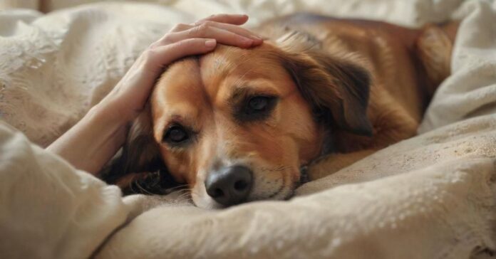 hyperrealistic, photorealistic image of a person's hand gently caressing the head of an old, peaceful dog lying on a soft blanket. Warm, soft natural light creates a tender, serene atmosphere. Focus on deep empathy, comfort, and the strong bond. No text, no letters, no visible medical instruments, no distortions