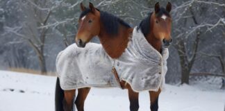Hyperrealistic photorealistic image of a majestic horse wearing a durable, perfectly fitted winter horse blanket, standing in a serene snow-covered paddock. Visible breath in crisp, cold winter air. Detailed fur texture and blanket material. Soft, natural light. No text, no words, no letters, no artifacts.