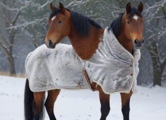 Die beste Winterdecke fürs Pferd: So finden Sie das richtige Modell! Hyperrealistic photorealistic image of a majestic horse wearing a durable, perfectly fitted winter horse blanket, standing in a serene snow-covered paddock. Visible breath in crisp, cold winter air. Detailed fur texture and blanket material. Soft, natural light. No text, no words, no letters, no artifacts.
