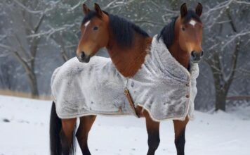 Die beste Winterdecke fürs Pferd: So finden Sie das richtige Modell! Hyperrealistic photorealistic image of a majestic horse wearing a durable, perfectly fitted winter horse blanket, standing in a serene snow-covered paddock. Visible breath in crisp, cold winter air. Detailed fur texture and blanket material. Soft, natural light. No text, no words, no letters, no artifacts.