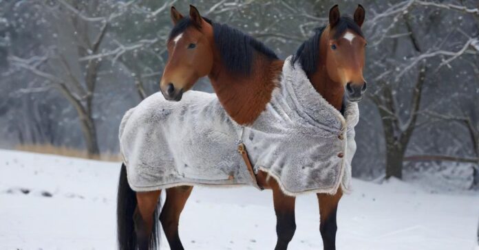 Hyperrealistic photorealistic image of a majestic horse wearing a durable, perfectly fitted winter horse blanket, standing in a serene snow-covered paddock. Visible breath in crisp, cold winter air. Detailed fur texture and blanket material. Soft, natural light. No text, no words, no letters, no artifacts.