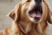 Hyperrealistic close-up of a gentle Golden Retriever dog, caught in a subtle yawn, its eyes conveying a soft, calm expression. Warm, natural daylight highlights individual fur strands, creating deep textures and a sense of empathy. Photorealistic detail, shallow depth of field. No text or letters.
