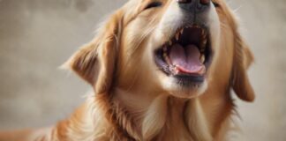 Hyperrealistic close-up of a gentle Golden Retriever dog, caught in a subtle yawn, its eyes conveying a soft, calm expression. Warm, natural daylight highlights individual fur strands, creating deep textures and a sense of empathy. Photorealistic detail, shallow depth of field. No text or letters.