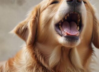 Die Sprache der Hunde: Calming Signals richtig deuten und verstehen! Hyperrealistic close-up of a gentle Golden Retriever dog, caught in a subtle yawn, its eyes conveying a soft, calm expression. Warm, natural daylight highlights individual fur strands, creating deep textures and a sense of empathy. Photorealistic detail, shallow depth of field. No text or letters.