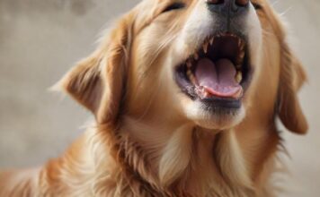 Die Sprache der Hunde: Calming Signals richtig deuten und verstehen! Hyperrealistic close-up of a gentle Golden Retriever dog, caught in a subtle yawn, its eyes conveying a soft, calm expression. Warm, natural daylight highlights individual fur strands, creating deep textures and a sense of empathy. Photorealistic detail, shallow depth of field. No text or letters.