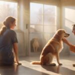 Ehrenamtlich im Tierheim helfen: So können Sie sich engagieren! Hyperrealistic photograph: A compassionate volunteer, with gentle hands, kneels to comfort a happy dog at an animal shelter. Sunlight streams through a window, illuminating the dog's soft fur. Blurry background shows clean, modern shelter enclosures. Warm, emotional, naturalistic, photorealistic. No text or letters.