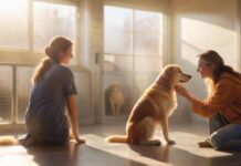 Hyperrealistic photograph: A compassionate volunteer, with gentle hands, kneels to comfort a happy dog at an animal shelter. Sunlight streams through a window, illuminating the dog's soft fur. Blurry background shows clean, modern shelter enclosures. Warm, emotional, naturalistic, photorealistic. No text or letters.