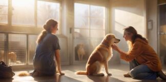 Hyperrealistic photograph: A compassionate volunteer, with gentle hands, kneels to comfort a happy dog at an animal shelter. Sunlight streams through a window, illuminating the dog's soft fur. Blurry background shows clean, modern shelter enclosures. Warm, emotional, naturalistic, photorealistic. No text or letters.