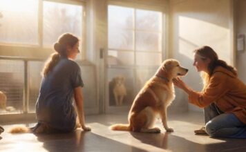 Ehrenamtlich im Tierheim helfen: So können Sie sich engagieren! Hyperrealistic photograph: A compassionate volunteer, with gentle hands, kneels to comfort a happy dog at an animal shelter. Sunlight streams through a window, illuminating the dog's soft fur. Blurry background shows clean, modern shelter enclosures. Warm, emotional, naturalistic, photorealistic. No text or letters.
