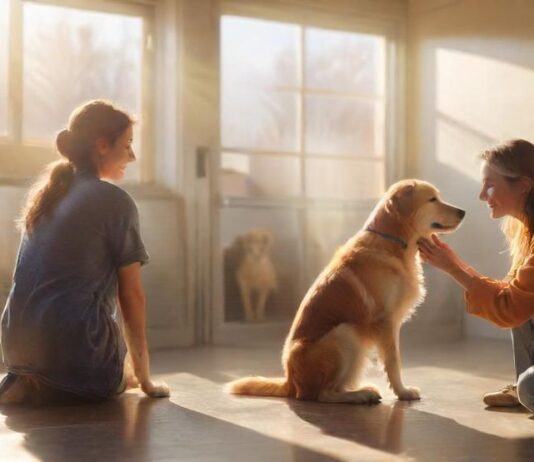Hyperrealistic photograph: A compassionate volunteer, with gentle hands, kneels to comfort a happy dog at an animal shelter. Sunlight streams through a window, illuminating the dog's soft fur. Blurry background shows clean, modern shelter enclosures. Warm, emotional, naturalistic, photorealistic. No text or letters.