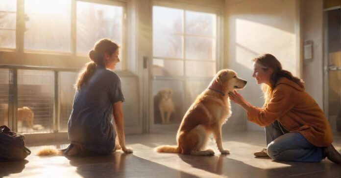 Hyperrealistic photograph: A compassionate volunteer, with gentle hands, kneels to comfort a happy dog at an animal shelter. Sunlight streams through a window, illuminating the dog's soft fur. Blurry background shows clean, modern shelter enclosures. Warm, emotional, naturalistic, photorealistic. No text or letters.