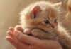 Hyperrealistic close-up: A gentle human hand tenderly caressing a small, fluffy, adorable kitten. Soft, warm, golden hour lighting, diffused background. Focus on texture and emotional connection. Perfect anatomy, no artifacts, no text, photorealistic. Represents healing and a new beginning.