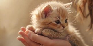 Hyperrealistic close-up: A gentle human hand tenderly caressing a small, fluffy, adorable kitten. Soft, warm, golden hour lighting, diffused background. Focus on texture and emotional connection. Perfect anatomy, no artifacts, no text, photorealistic. Represents healing and a new beginning.