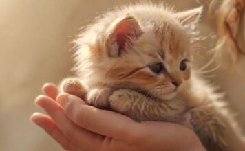 Hyperrealistic close-up: A gentle human hand tenderly caressing a small, fluffy, adorable kitten. Soft, warm, golden hour lighting, diffused background. Focus on texture and emotional connection. Perfect anatomy, no artifacts, no text, photorealistic. Represents healing and a new beginning.