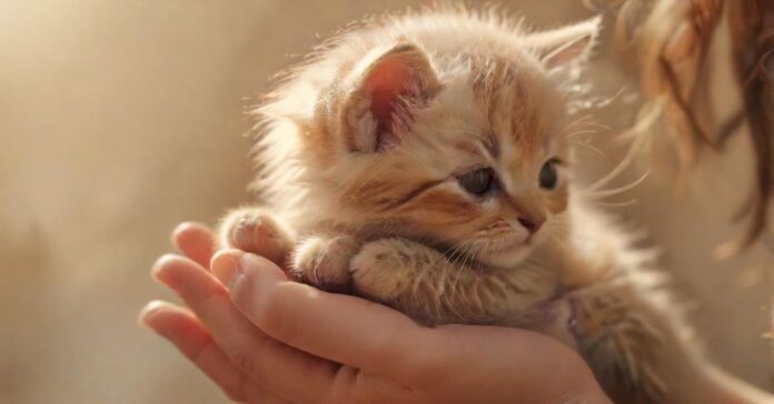 Hyperrealistic close-up: A gentle human hand tenderly caressing a small, fluffy, adorable kitten. Soft, warm, golden hour lighting, diffused background. Focus on texture and emotional connection. Perfect anatomy, no artifacts, no text, photorealistic. Represents healing and a new beginning.