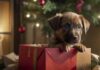Hyperrealistic shot of a lonely puppy, subtly distressed, peeking from a partially unwrapped gift box under a dimly lit Christmas tree. Focus on the puppy's expressive eyes and soft fur. Dramatic, soft lighting. Photorealistic, detailed, natural, and artifact-free. No text.