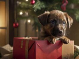 Hyperrealistic shot of a lonely puppy, subtly distressed, peeking from a partially unwrapped gift box under a dimly lit Christmas tree. Focus on the puppy's expressive eyes and soft fur. Dramatic, soft lighting. Photorealistic, detailed, natural, and artifact-free. No text.