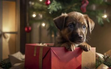 Ein Tier zu Weihnachten? Warum das meist keine gute Idee ist! Hyperrealistic shot of a lonely puppy, subtly distressed, peeking from a partially unwrapped gift box under a dimly lit Christmas tree. Focus on the puppy's expressive eyes and soft fur. Dramatic, soft lighting. Photorealistic, detailed, natural, and artifact-free. No text.