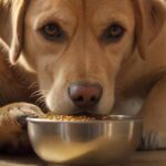Futterneid beim Hund: So sorgen Sie für entspannte Mahlzeiten! Hyperrealistic close-up of a golden Labrador retriever, eyes keenly focused on its food bowl, subtly guarding it. A soft, warm light illuminates the scene, highlighting individual fur strands and the metallic texture of the bowl. A human hand gently hovers nearby, implying interaction. Photorealistic, no text.