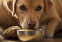 Hyperrealistic close-up of a golden Labrador retriever, eyes keenly focused on its food bowl, subtly guarding it. A soft, warm light illuminates the scene, highlighting individual fur strands and the metallic texture of the bowl. A human hand gently hovers nearby, implying interaction. Photorealistic, no text.