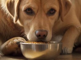 Hyperrealistic close-up of a golden Labrador retriever, eyes keenly focused on its food bowl, subtly guarding it. A soft, warm light illuminates the scene, highlighting individual fur strands and the metallic texture of the bowl. A human hand gently hovers nearby, implying interaction. Photorealistic, no text.
