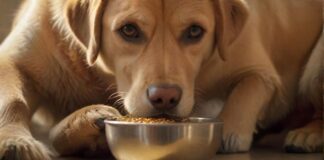 Hyperrealistic close-up of a golden Labrador retriever, eyes keenly focused on its food bowl, subtly guarding it. A soft, warm light illuminates the scene, highlighting individual fur strands and the metallic texture of the bowl. A human hand gently hovers nearby, implying interaction. Photorealistic, no text.