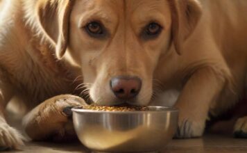 Futterneid beim Hund: So sorgen Sie für entspannte Mahlzeiten! Hyperrealistic close-up of a golden Labrador retriever, eyes keenly focused on its food bowl, subtly guarding it. A soft, warm light illuminates the scene, highlighting individual fur strands and the metallic texture of the bowl. A human hand gently hovers nearby, implying interaction. Photorealistic, no text.
