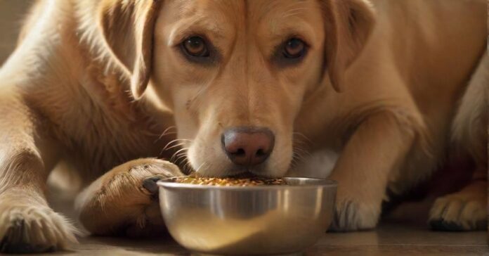 Hyperrealistic close-up of a golden Labrador retriever, eyes keenly focused on its food bowl, subtly guarding it. A soft, warm light illuminates the scene, highlighting individual fur strands and the metallic texture of the bowl. A human hand gently hovers nearby, implying interaction. Photorealistic, no text.