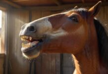 Hyperrealistic close-up of a serene horse in a sunlit stable, captured mid-yawn. Its mouth is wide open, showcasing detailed teeth and a relaxed expression. Natural light highlights its textured coat. Photorealistic, artifact-free, no text or letters.