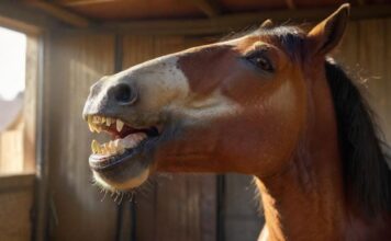 Gähnt Ihr Pferd auffällig oft? Das kann dahinterstecken! Hyperrealistic close-up of a serene horse in a sunlit stable, captured mid-yawn. Its mouth is wide open, showcasing detailed teeth and a relaxed expression. Natural light highlights its textured coat. Photorealistic, artifact-free, no text or letters.
