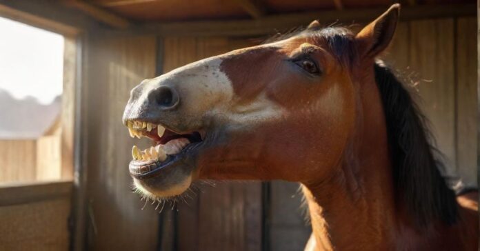 Hyperrealistic close-up of a serene horse in a sunlit stable, captured mid-yawn. Its mouth is wide open, showcasing detailed teeth and a relaxed expression. Natural light highlights its textured coat. Photorealistic, artifact-free, no text or letters.
