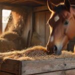 Hyperrealistic cinematic photo of a magnificent, healthy horse with a glossy coat, peacefully enjoying a heap of natural, grain-free feed (hay cobs, lucerne) in a rustic wooden feeder. Golden hour lighting, sharp focus on textures. No text, no artifacts, perfect anatomy, high detail.
