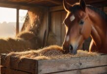 Hyperrealistic cinematic photo of a magnificent, healthy horse with a glossy coat, peacefully enjoying a heap of natural, grain-free feed (hay cobs, lucerne) in a rustic wooden feeder. Golden hour lighting, sharp focus on textures. No text, no artifacts, perfect anatomy, high detail.