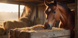 Hyperrealistic cinematic photo of a magnificent, healthy horse with a glossy coat, peacefully enjoying a heap of natural, grain-free feed (hay cobs, lucerne) in a rustic wooden feeder. Golden hour lighting, sharp focus on textures. No text, no artifacts, perfect anatomy, high detail.