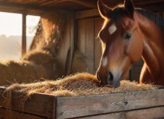 Getreidefreies Pferdefutter im Test: Gesund füttern bei Unverträglichkeiten! Hyperrealistic cinematic photo of a magnificent, healthy horse with a glossy coat, peacefully enjoying a heap of natural, grain-free feed (hay cobs, lucerne) in a rustic wooden feeder. Golden hour lighting, sharp focus on textures. No text, no artifacts, perfect anatomy, high detail.