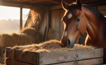 Hyperrealistic cinematic photo of a magnificent, healthy horse with a glossy coat, peacefully enjoying a heap of natural, grain-free feed (hay cobs, lucerne) in a rustic wooden feeder. Golden hour lighting, sharp focus on textures. No text, no artifacts, perfect anatomy, high detail.