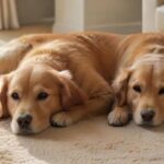 Hyperrealistic photograph of a calm, well-behaved golden retriever dog and a sleek domestic cat resting together on a plush rug in a sunlit, modern apartment living room. Soft natural light, clean interior, cozy atmosphere, focus on texture and detail. No text or letters.