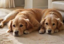 Hyperrealistic photograph of a calm, well-behaved golden retriever dog and a sleek domestic cat resting together on a plush rug in a sunlit, modern apartment living room. Soft natural light, clean interior, cozy atmosphere, focus on texture and detail. No text or letters.