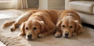 Hyperrealistic photograph of a calm, well-behaved golden retriever dog and a sleek domestic cat resting together on a plush rug in a sunlit, modern apartment living room. Soft natural light, clean interior, cozy atmosphere, focus on texture and detail. No text or letters.
