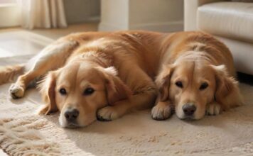 Hyperrealistic photograph of a calm, well-behaved golden retriever dog and a sleek domestic cat resting together on a plush rug in a sunlit, modern apartment living room. Soft natural light, clean interior, cozy atmosphere, focus on texture and detail. No text or letters.