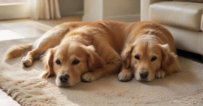 Hyperrealistic photograph of a calm, well-behaved golden retriever dog and a sleek domestic cat resting together on a plush rug in a sunlit, modern apartment living room. Soft natural light, clean interior, cozy atmosphere, focus on texture and detail. No text or letters.